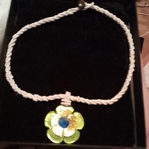Handmade White Beaded Cord Necklace with Green Flower Pendant